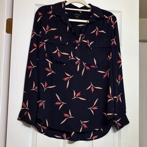Ann Taylor Navy Blouse with Pink Floral Design